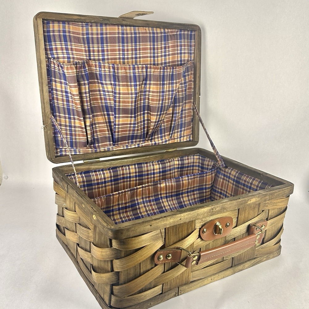 Vintage Woven Wood Picnic Basket Plaid Lined Folding Handle Storage Basket